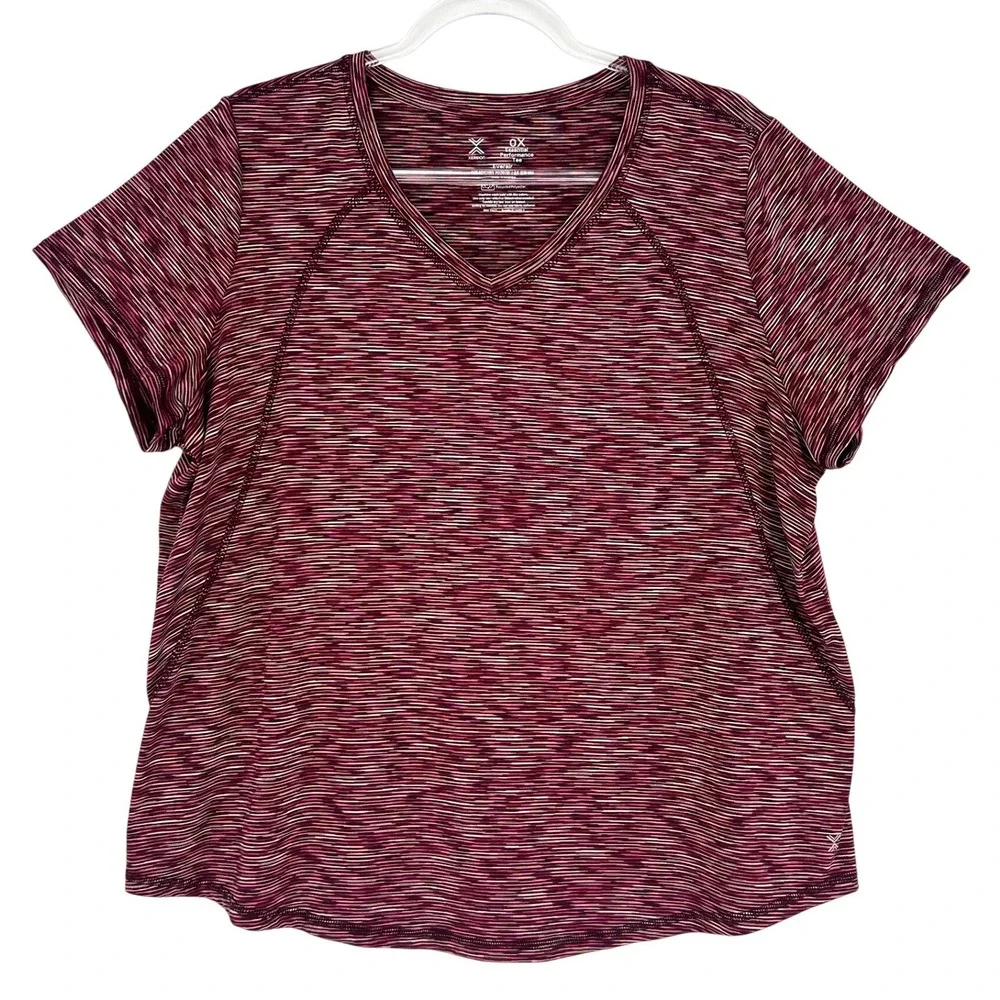 Xersion Performance Tee Women 0X Burgundy Space Dye V-Neck Everair Activewear